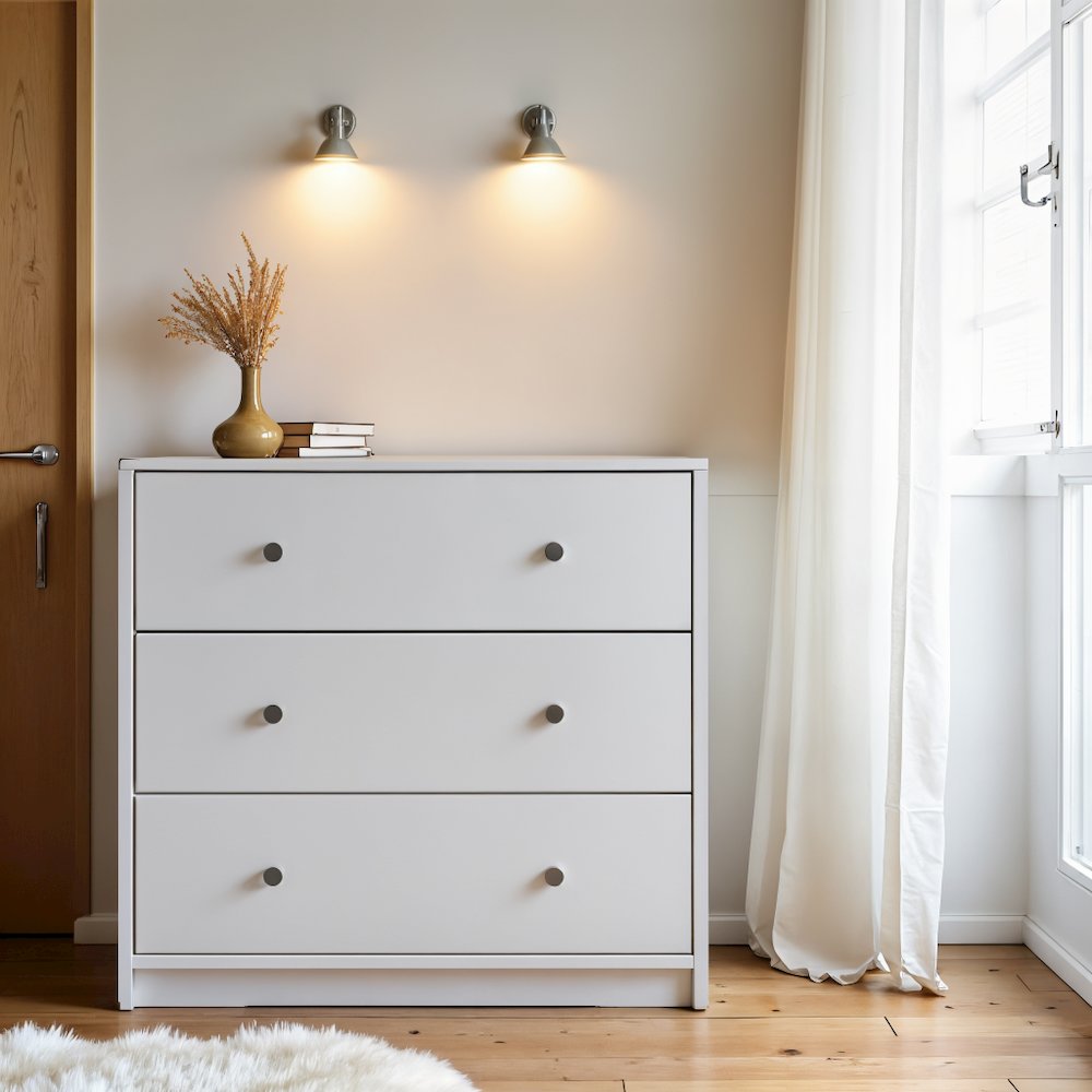 White 3 Drawer Nightstand - Large Bedside Dresser for Stylish Storage. Picture 8