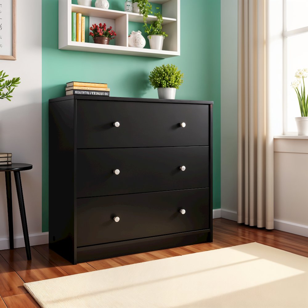 Black 3 Drawer Dresser - Compact Small Chest of Drawers for Bedrooms. Picture 7