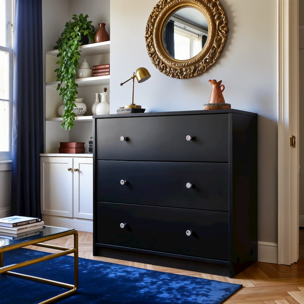 Black 3 Drawer Dresser - Compact Small Chest of Drawers for Bedrooms. Picture 8