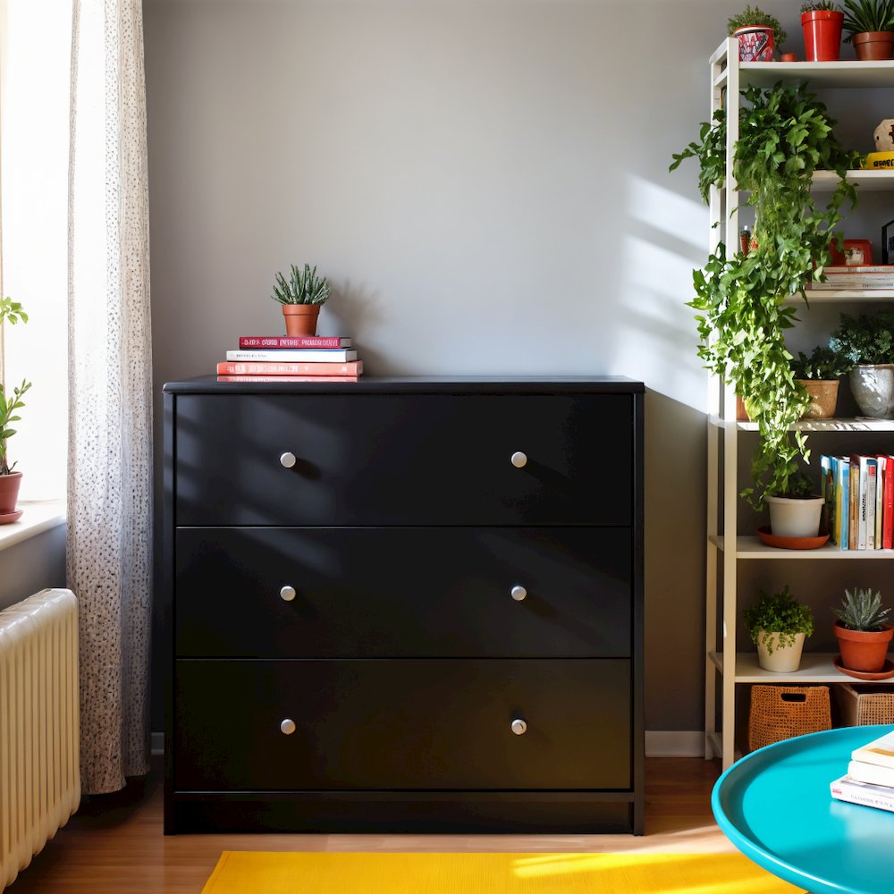 Black 3 Drawer Dresser - Compact Small Chest of Drawers for Bedrooms. Picture 9