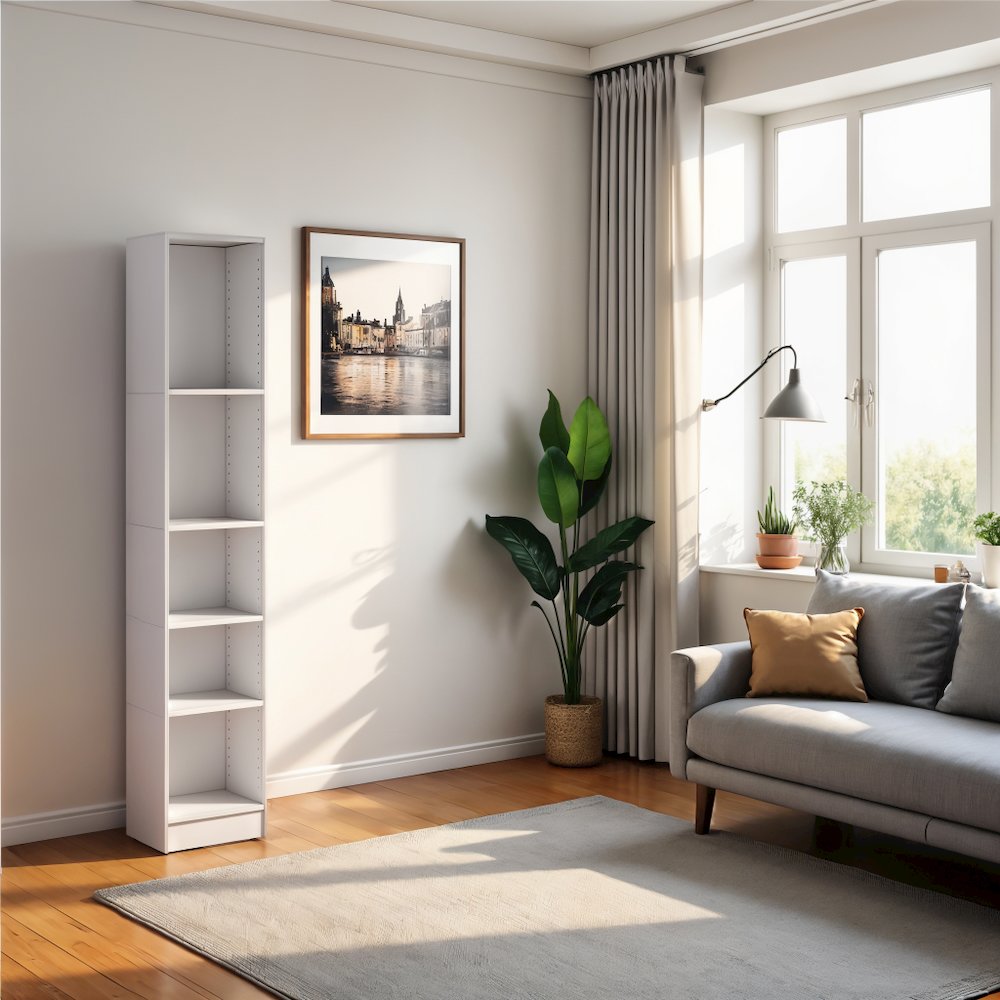 White Tall 5 Shelf Bookcase - Stylish Narrow Bookshelf for Home or Office. Picture 6
