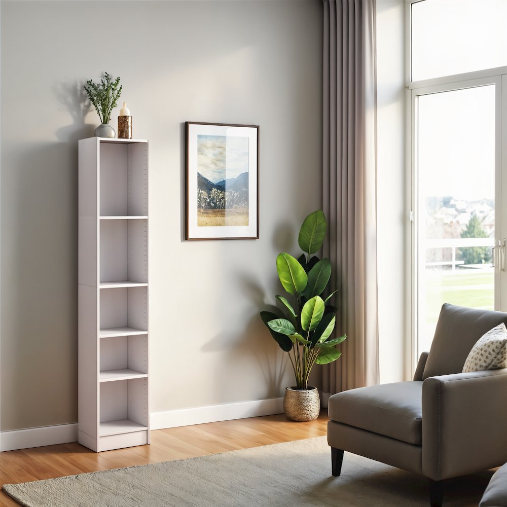 White Tall 5 Shelf Bookcase - Stylish Narrow Bookshelf for Home or Office. Picture 7