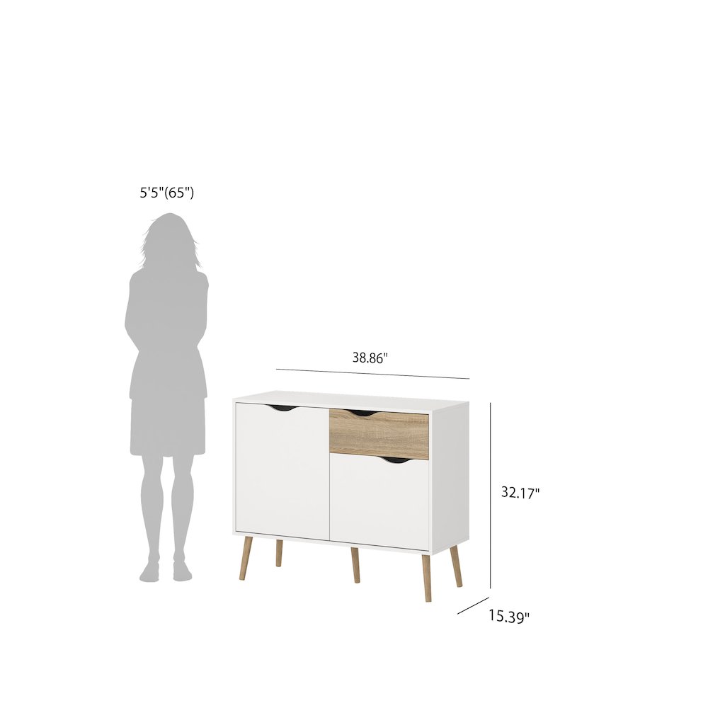 Diana Sideboard with 2 Doors and 1 Drawer, White/Oak Structure. Picture 6