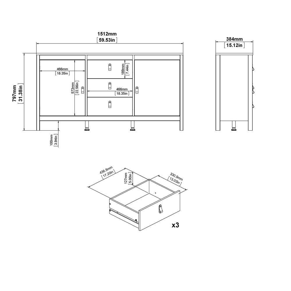 Madrid 2 Door Sideboard with 3 Drawers, White. Picture 7