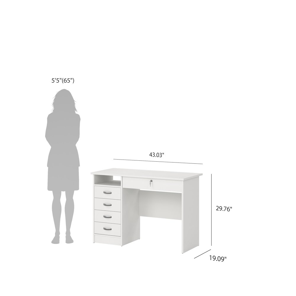 Elegant White Computer Desk Featuring Five Drawers and Open Shelf Design. Picture 2
