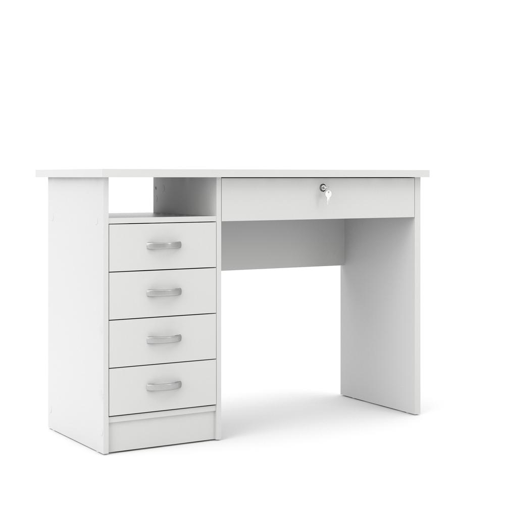 Elegant White Computer Desk Featuring Five Drawers and Open Shelf Design. Picture 1