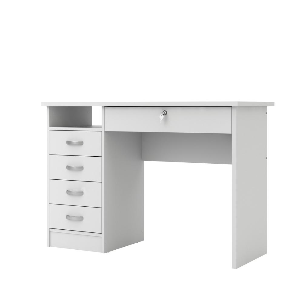 Elegant White Computer Desk Featuring Five Drawers and Open Shelf Design. Picture 3
