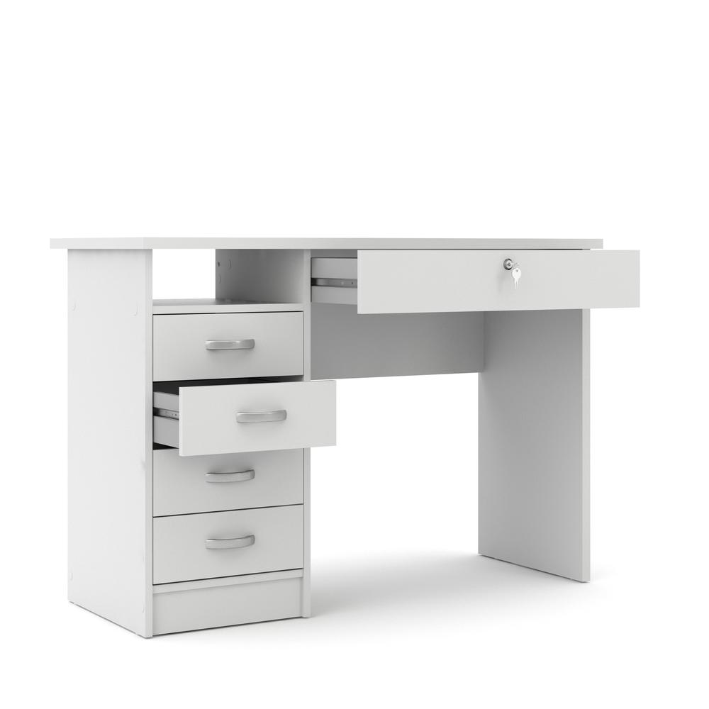 Elegant White Computer Desk Featuring Five Drawers and Open Shelf Design. Picture 4