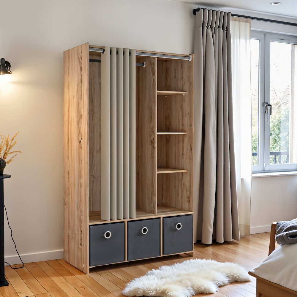 Brown Wardrobe Closet with Curtain - Compact Small Closet for Clothes Storage. Picture 4