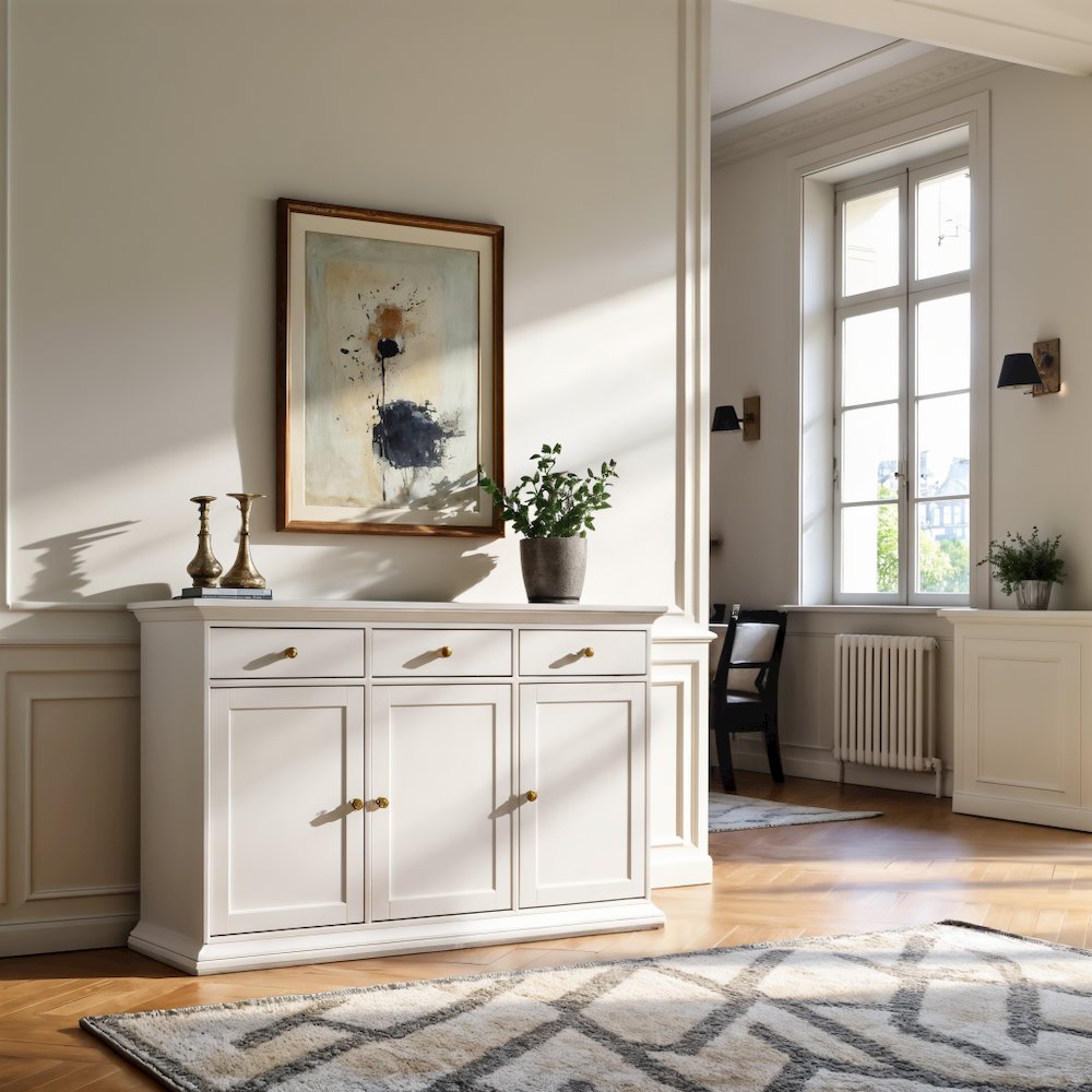 White Buffet Cabinet - Modern Living Room Cabinet with Storage and Drawers. Picture 4