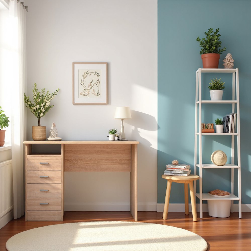 Brown Desk with Drawers - Compact Student Desk for Bedroom and Office Use. Picture 5