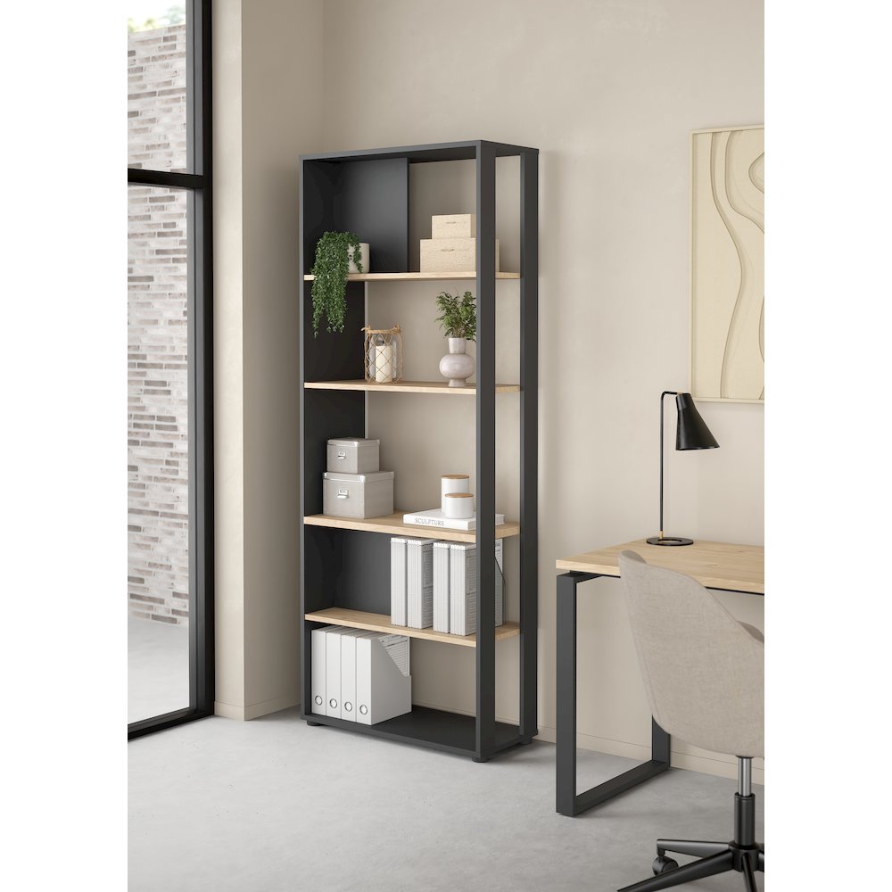 Sign 5 Shelf Bookcase Room Divider, Matte Grey/Jackson Hickory. Picture 10