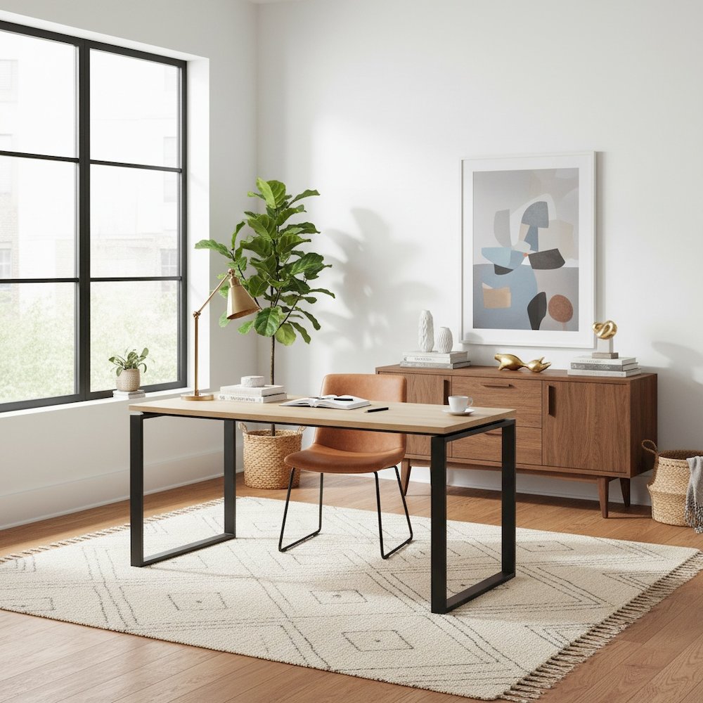 Modern Brown Computer Desk with Metal Legs for Home Office or Study. Picture 3