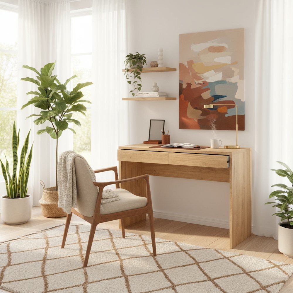 Modern Brown 2-Drawer Computer Desk for Home Office or Study Table. Picture 4