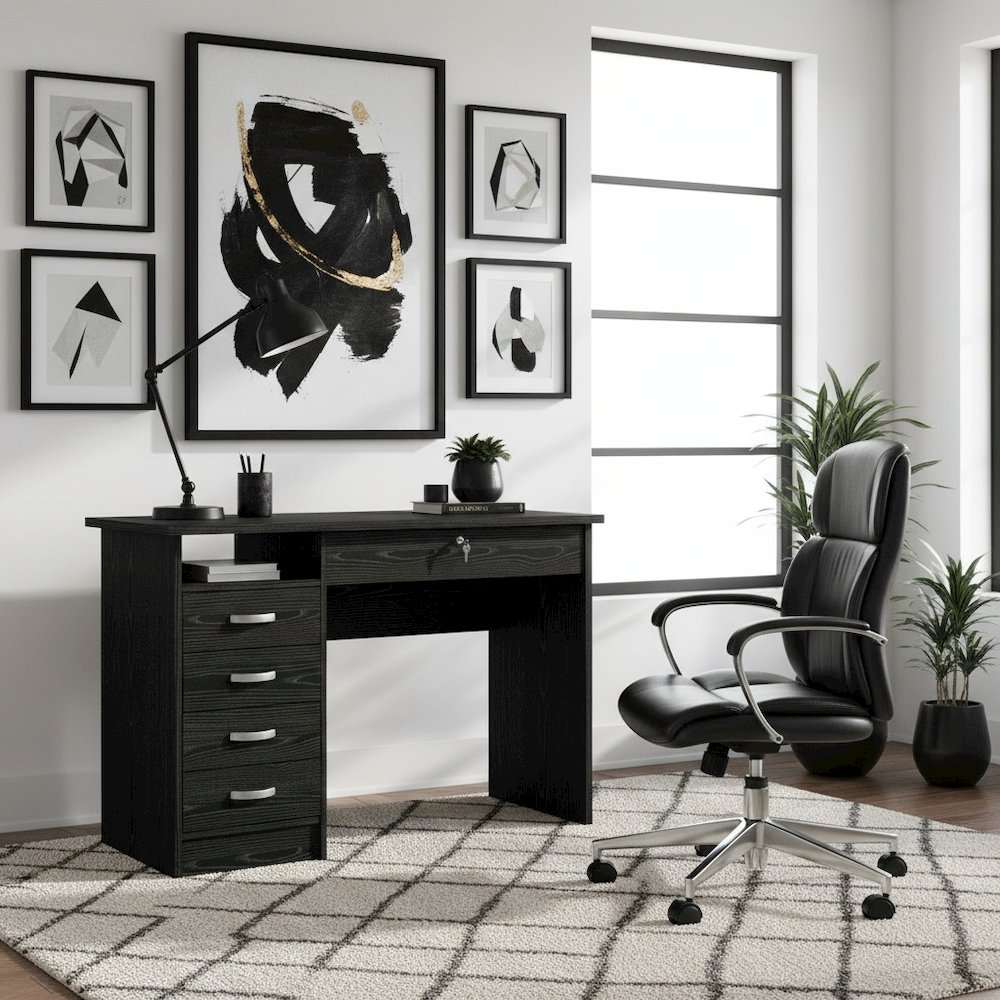Black 5-Drawer Computer Desk with Storage for Home Office or Workspace. Picture 2