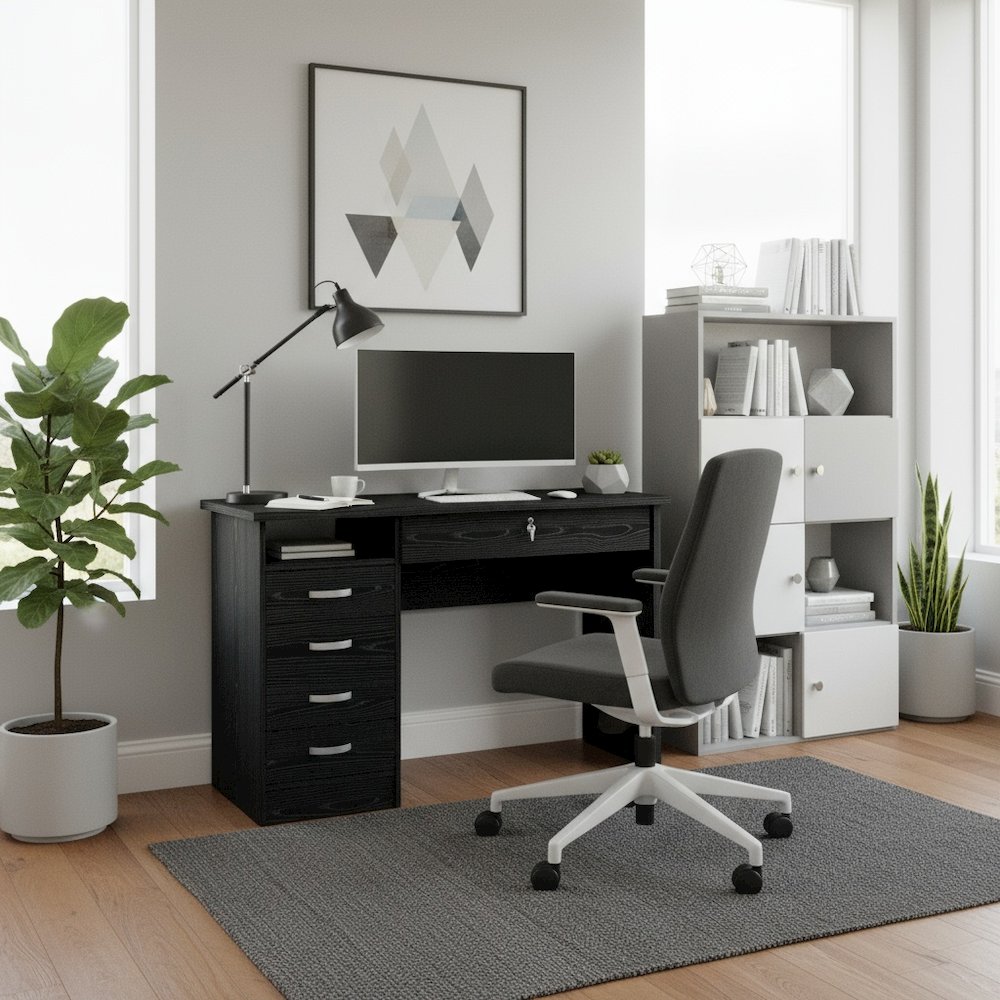 Black 5-Drawer Computer Desk with Storage for Home Office or Workspace. Picture 3