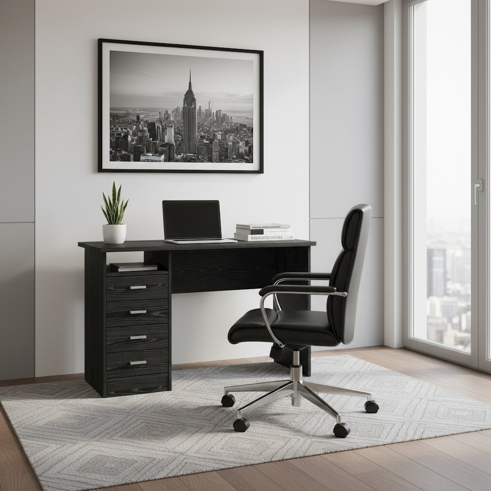 Modern Black Home Office Desk with 4 Drawers and Open Storage Shelf. Picture 2