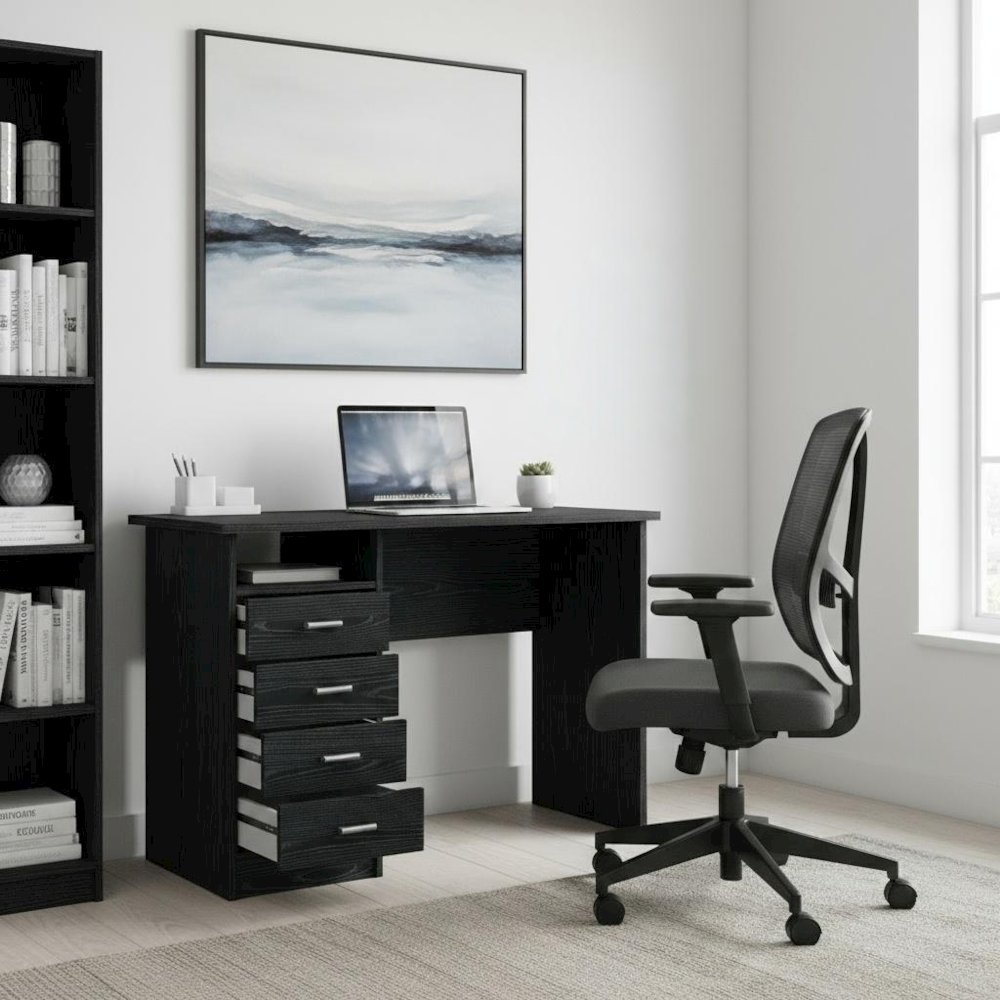 Modern Black Home Office Desk with 4 Drawers and Open Storage Shelf. Picture 3