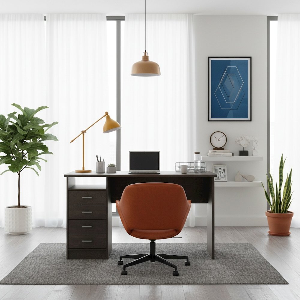 Brown 4-Drawer Computer Desk with Storage for Home Office or Workspace. Picture 3