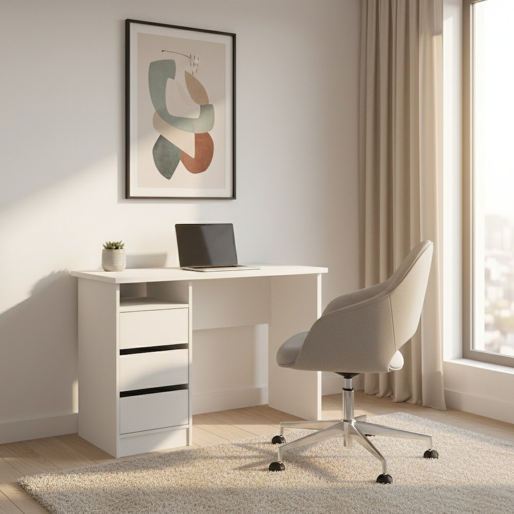 White Computer Desk with 3 Drawers and Open Shelf for Home Office. Picture 2