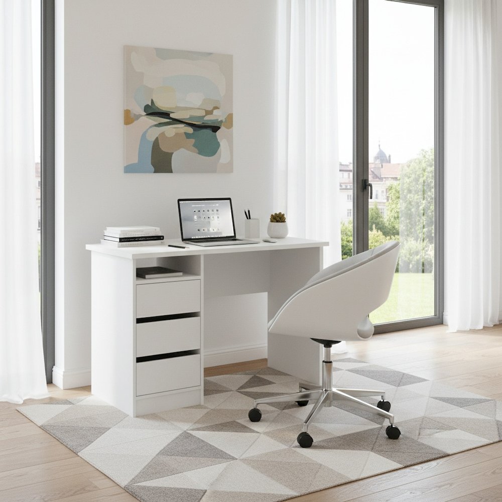 White Computer Desk with 3 Drawers and Open Shelf for Home Office. Picture 3