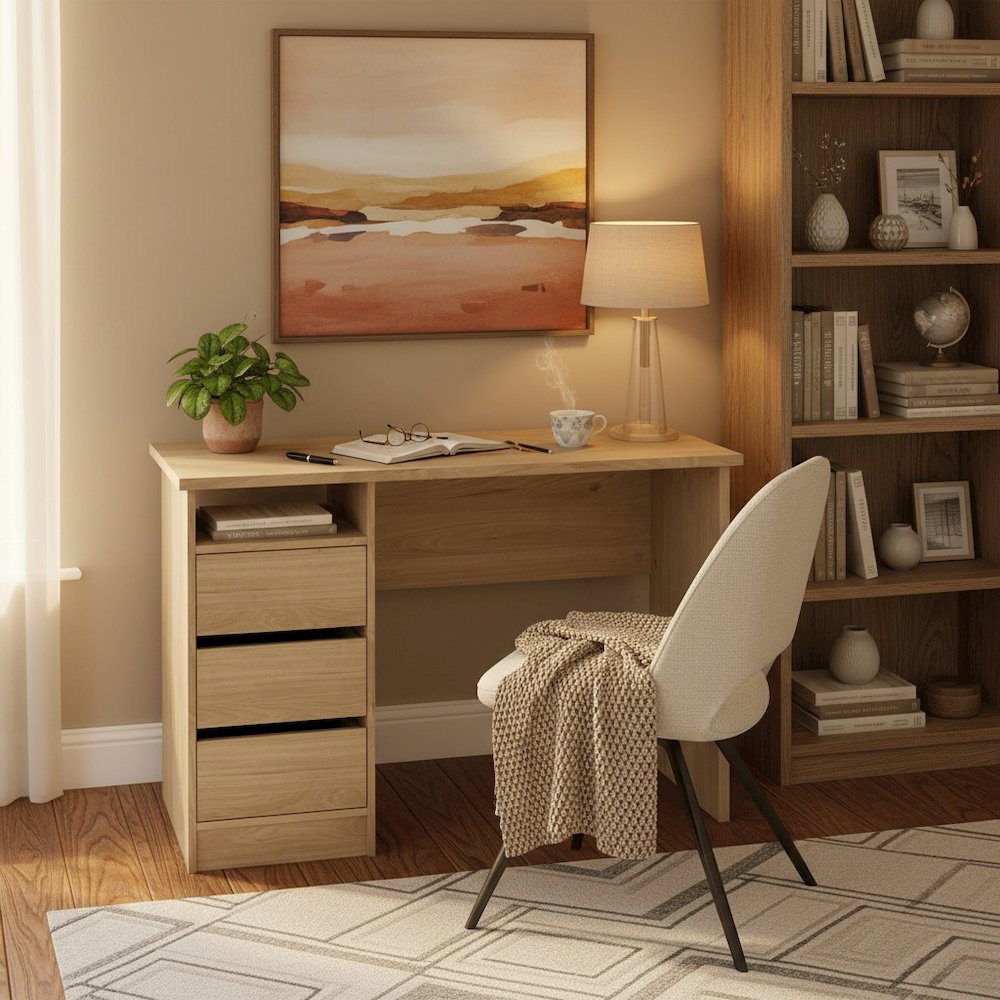 Brown Computer Desk with 3 Drawers and Open Shelf for Home Office. Picture 3