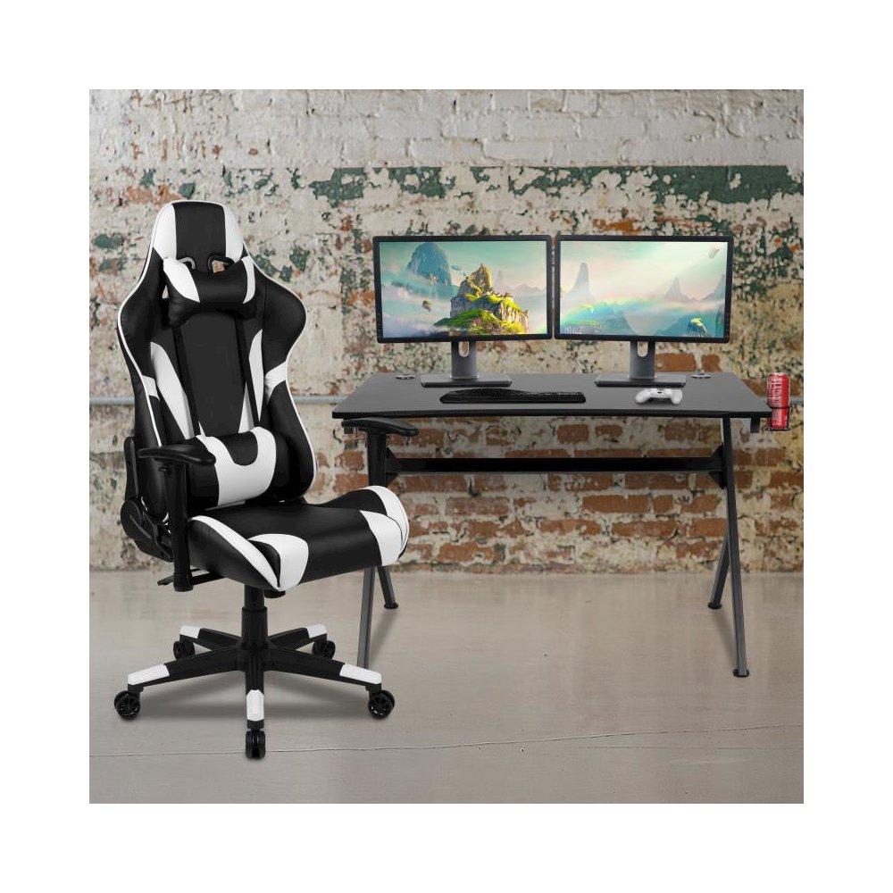 Black Gaming Desk and Black Reclining Gaming Chair Set with Cup Holder, Headphone Hook & 2 Wire Management Holes. Picture 2