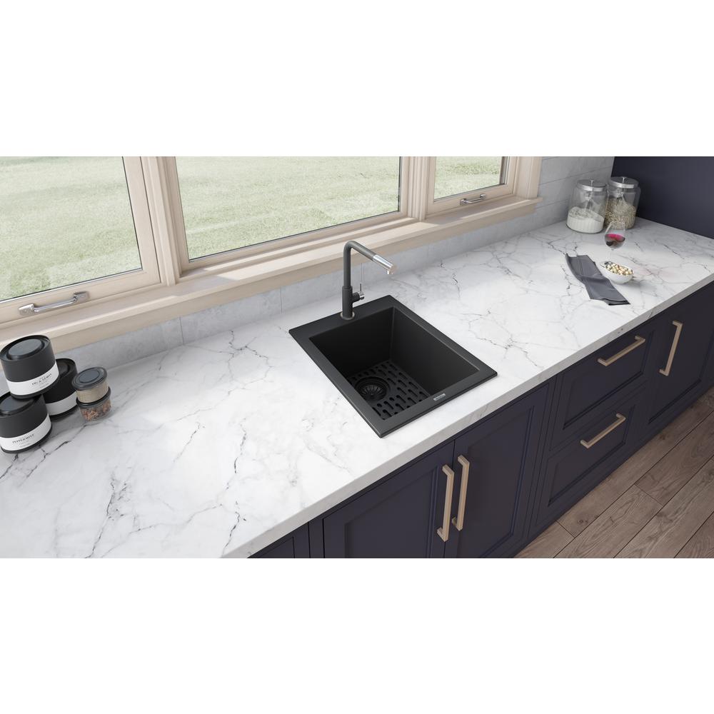Drop-in Topmount Granite Composite Single Bowl Kitchen Sink - Midnight Black. Picture 6