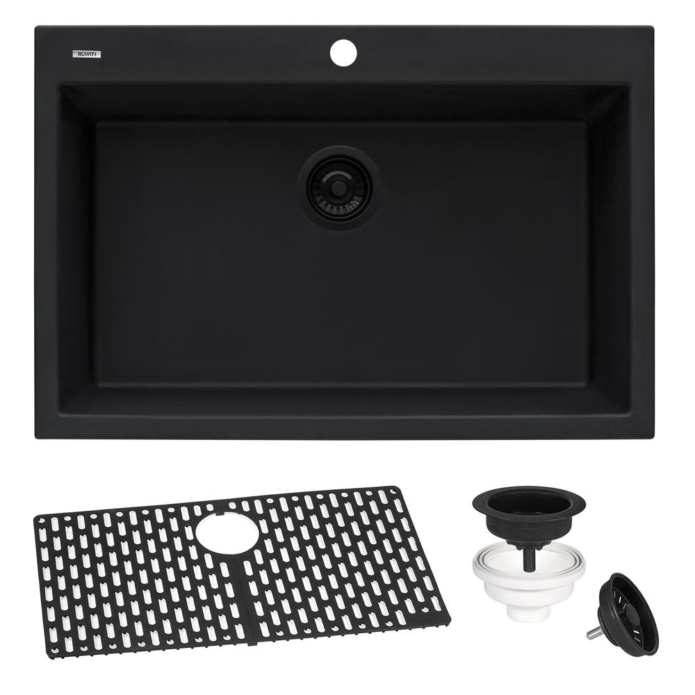 Drop-in Topmount Granite Composite Single Bowl Kitchen Sink - Midnight Black. Picture 11