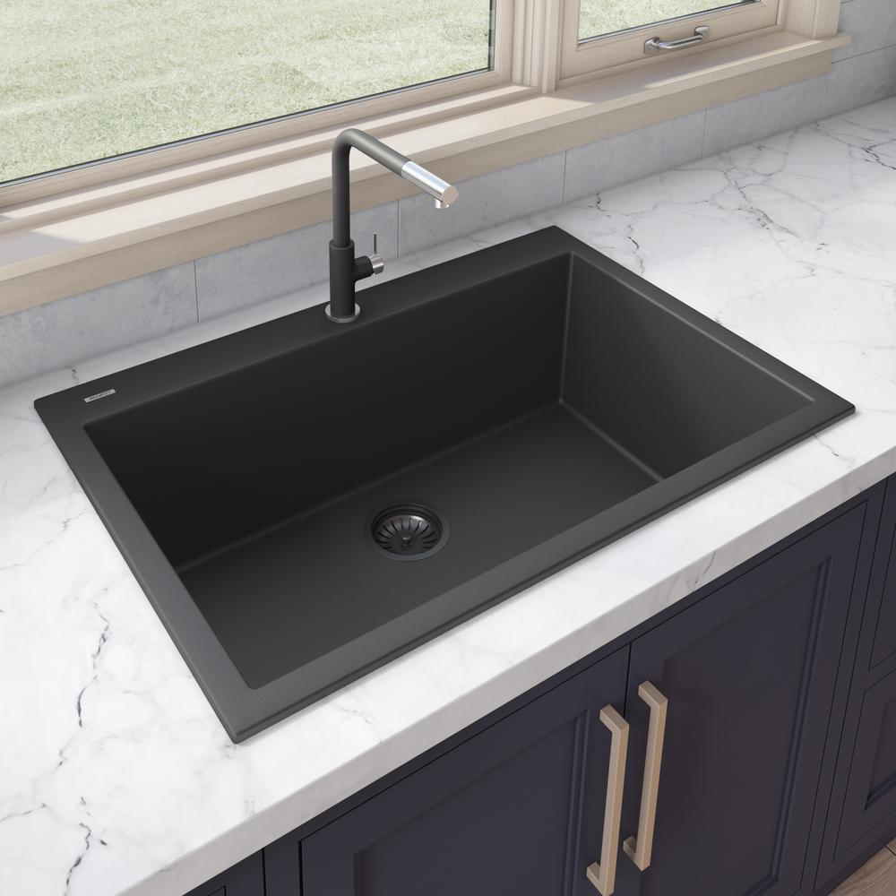 Drop-in Topmount Granite Composite Single Bowl Kitchen Sink - Midnight Black. Picture 7