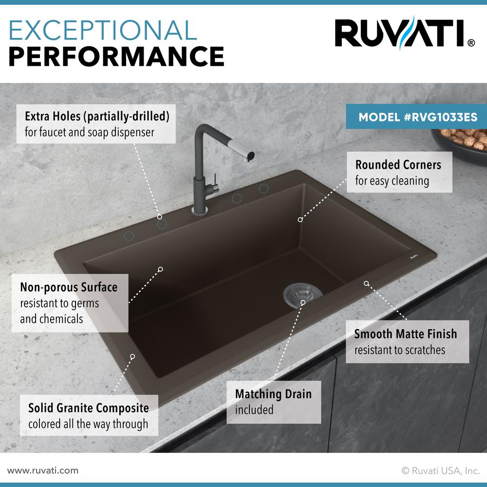 Ruvati 33 x 22 inch epiGranite Drop-in Topmount Single Bowl Kitchen Sink. Picture 7