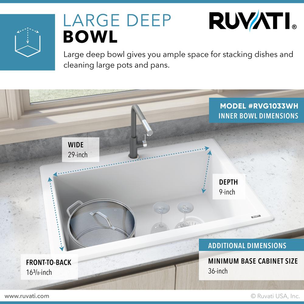 Ruvati 33 x 22 inch epiGranite Drop-in Topmount Single Bowl Kitchen Sink. Picture 11