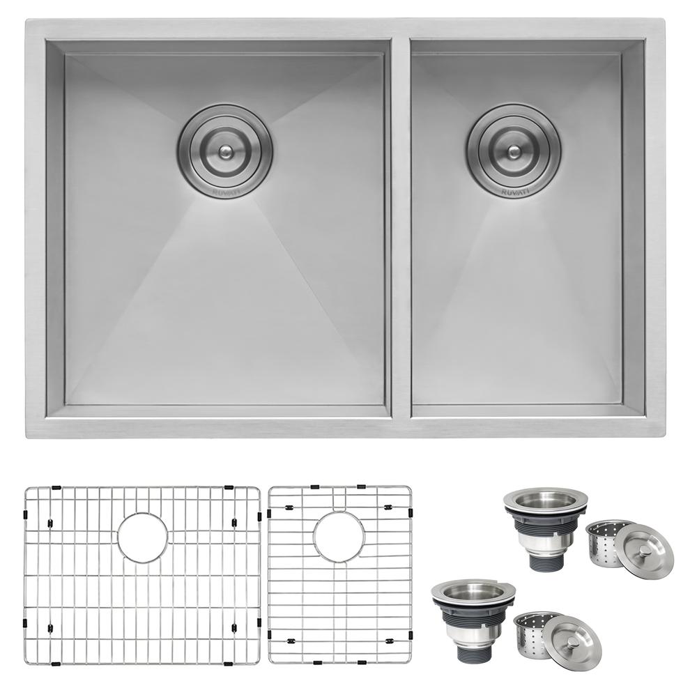 Ruvati 29-inch Undermount 60/40 Double Bowl Zero Radius 16 Gauge Kitchen Sink. Picture 1