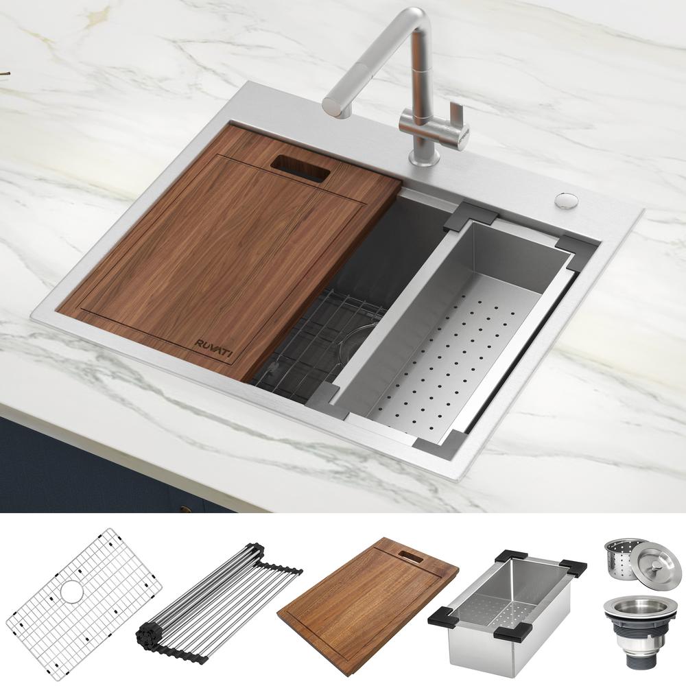 Ruvati 25 x 22 inch Workstation Topmount 16 Gauge Ledge Kitchen Sink Single Bowl. Picture 11