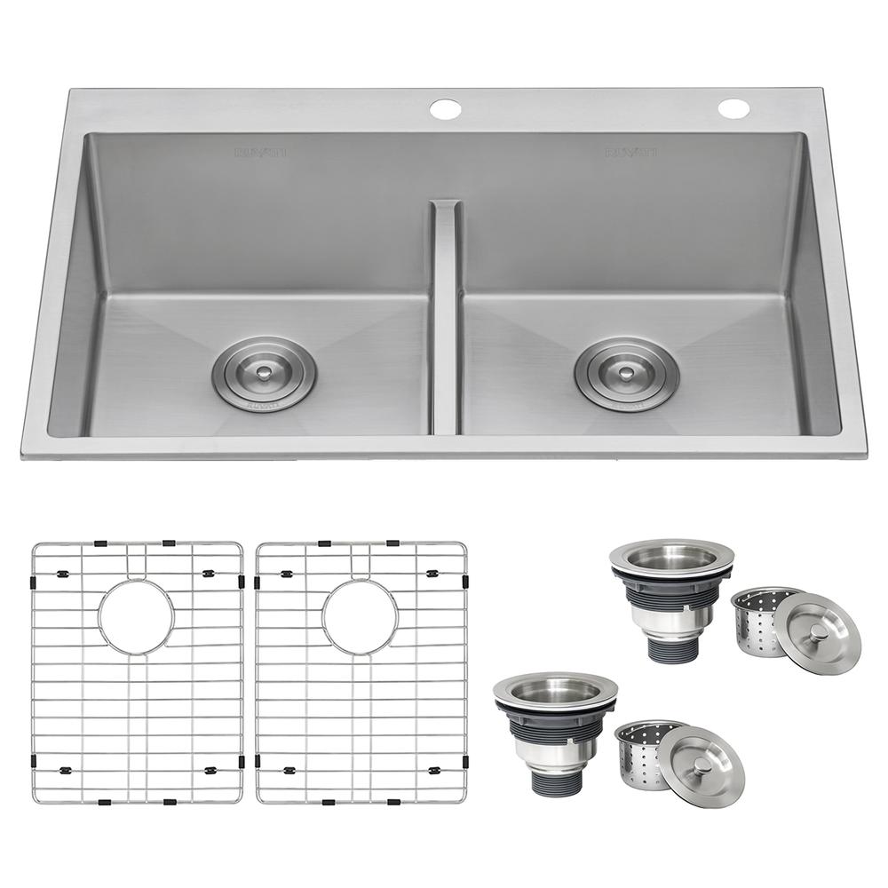 Ruvati 33 x 22 inch Drop-in 50/50 Double Bowl 16 Gauge Topmount Kitchen Sink. Picture 1