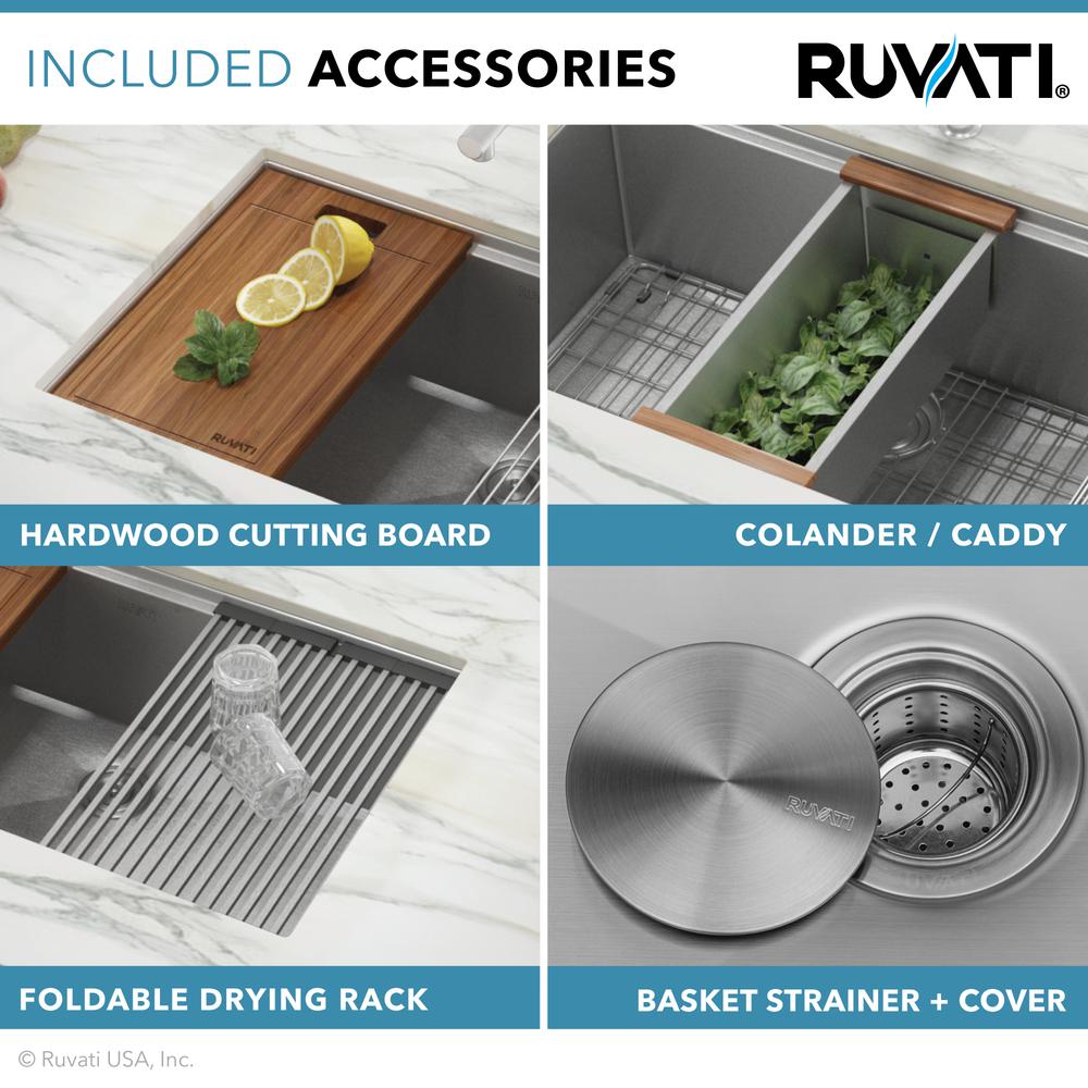 Ruvati 30in Workstation Ledge 50/50 Double Bowl Undermount 16 Gauge Kitchen Sink. Picture 25