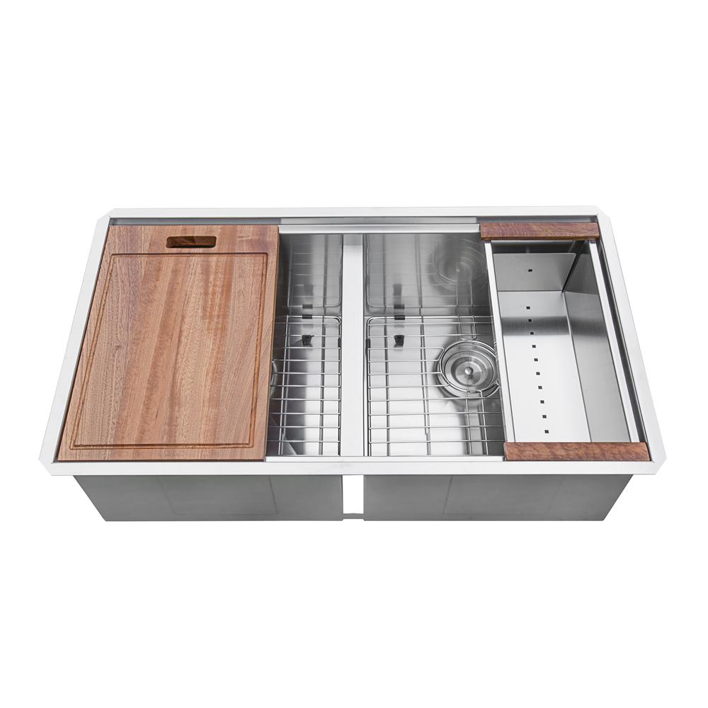 Ruvati 30in Workstation Ledge 50/50 Double Bowl Undermount 16 Gauge Kitchen Sink. Picture 1