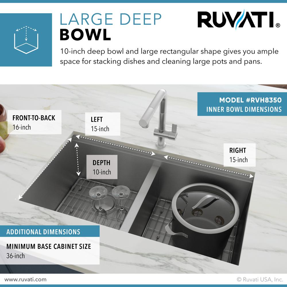 Ruvati 33in Workstation Ledge 50/50 Double Bowl Undermount 16 Gauge Kitchen Sink. Picture 20