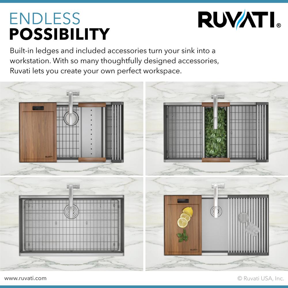 Ruvati 33in Workstation Ledge 50/50 Double Bowl Undermount 16 Gauge Kitchen Sink. Picture 22