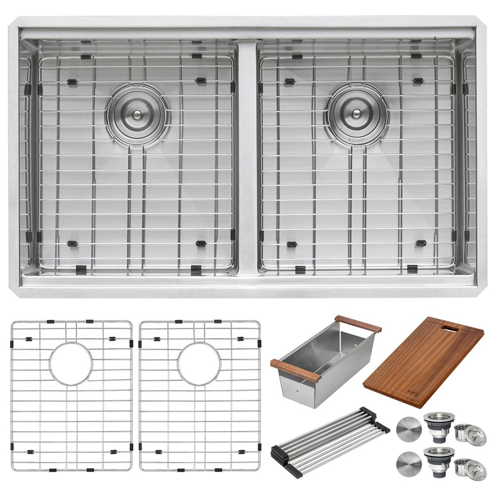 Ruvati 33in Workstation Ledge 50/50 Double Bowl Undermount Kitchen Sink. Picture 6
