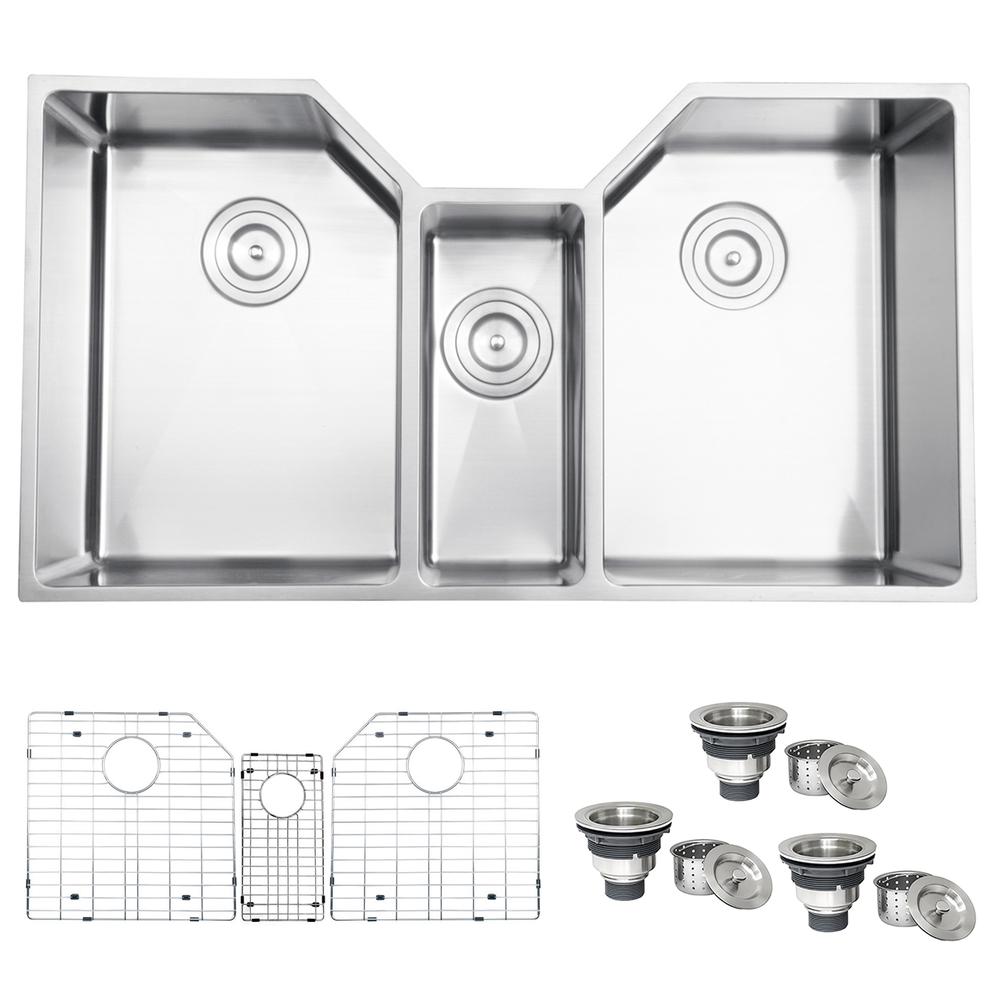 Ruvati 35" Triple Bowl Undermount 16 Gauge Stainless Steel Kitchen Sink. Picture 1