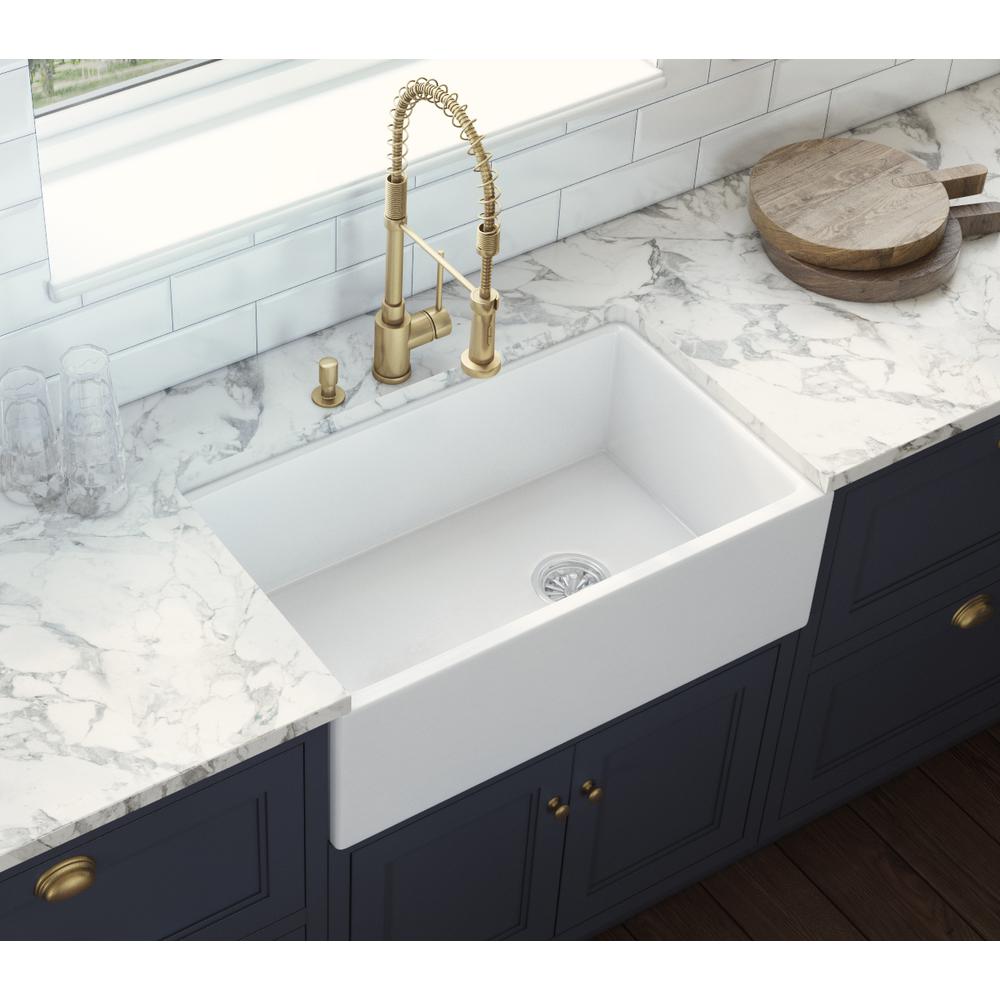 Ruvati 30-inch Fireclay Offset Drain Kitchen Sink Single Bowl WhiteRight Drain. Picture 6