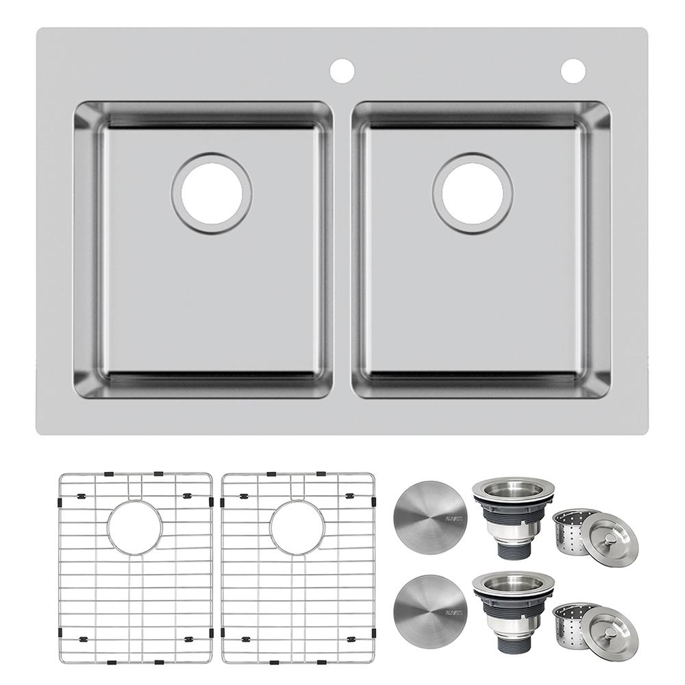 Ruvati 33 x 22 inch Drop-in Topmount Kitchen Sink 16 Gauge 50/50 Double Bowl. Picture 1