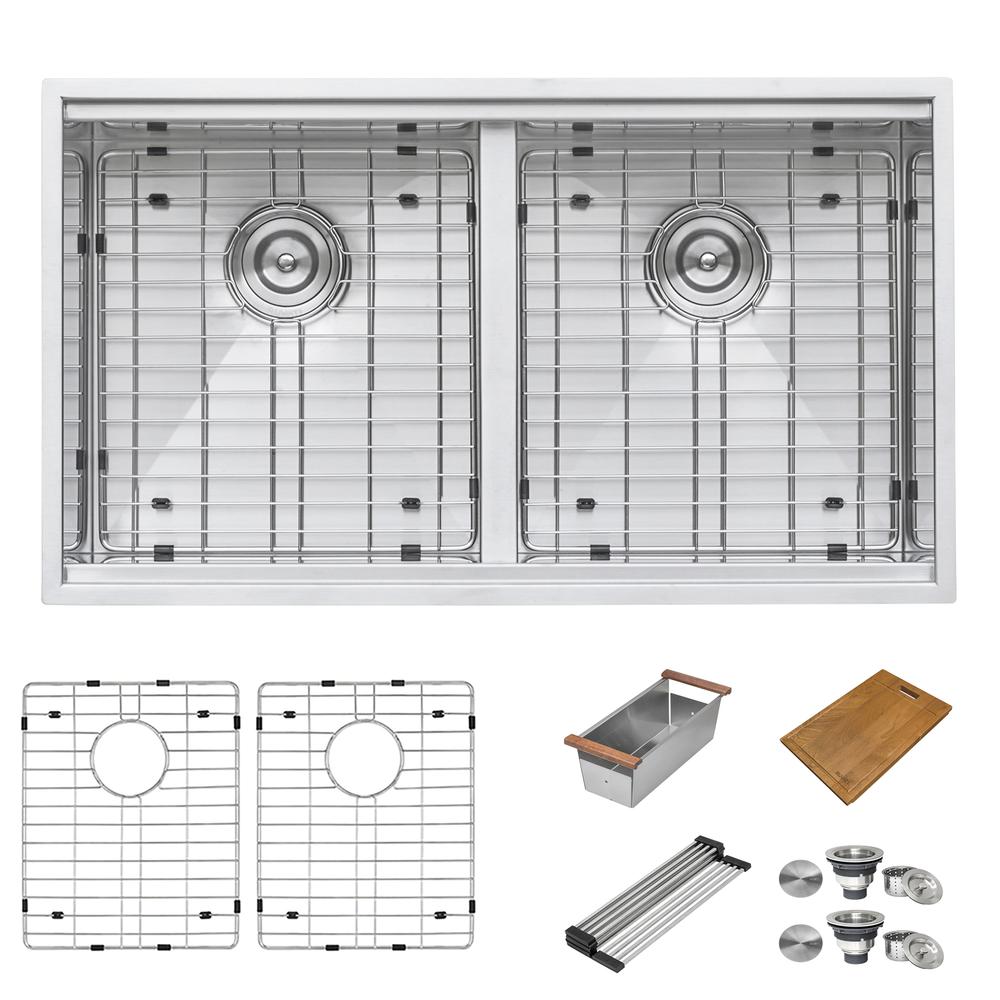 Ruvati 30in Workstation Ledge 50/50 Double Bowl Undermount 16 Gauge Kitchen Sink. Picture 9
