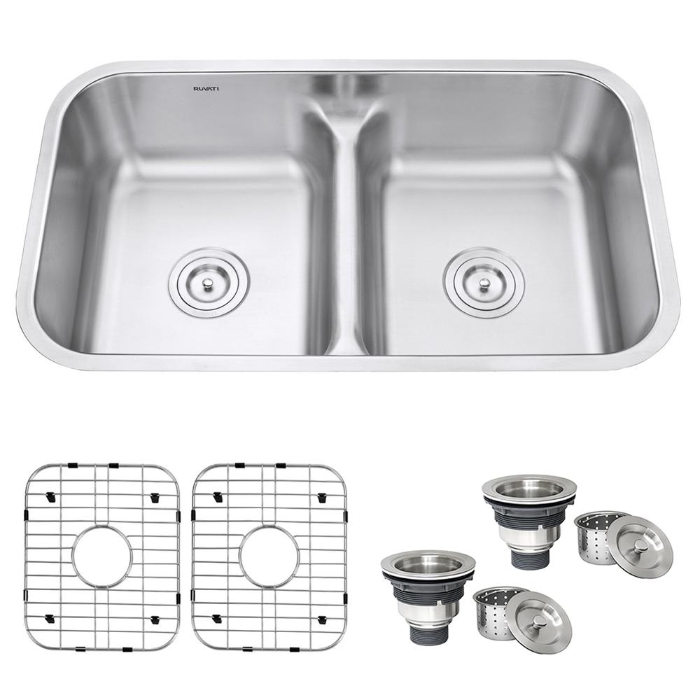 Ruvati 32-inch Low-Divide 50/50 Double Bowl Undermount 16 Gauge Kitchen Sink. Picture 1