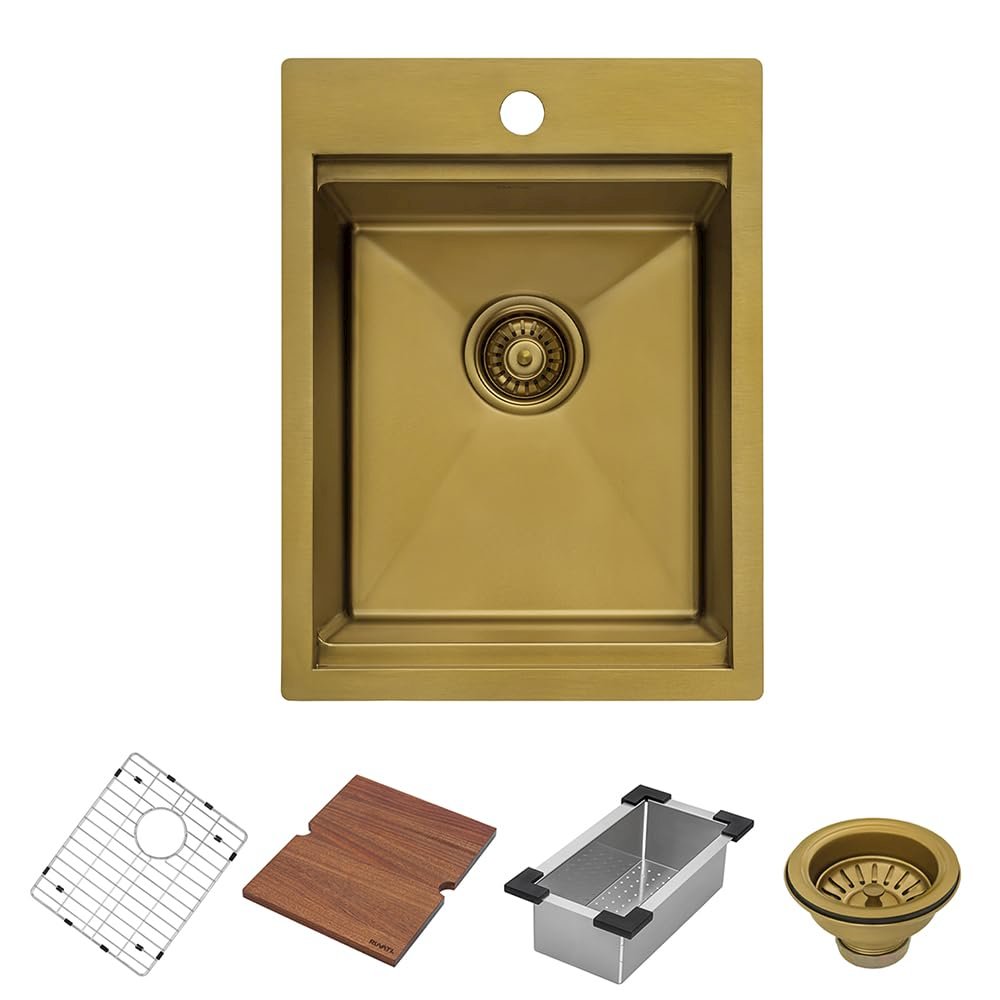 15 x 20 inch Polished Brass Matte Gold Stainless Steel Workstation Sink Topmount. Picture 2