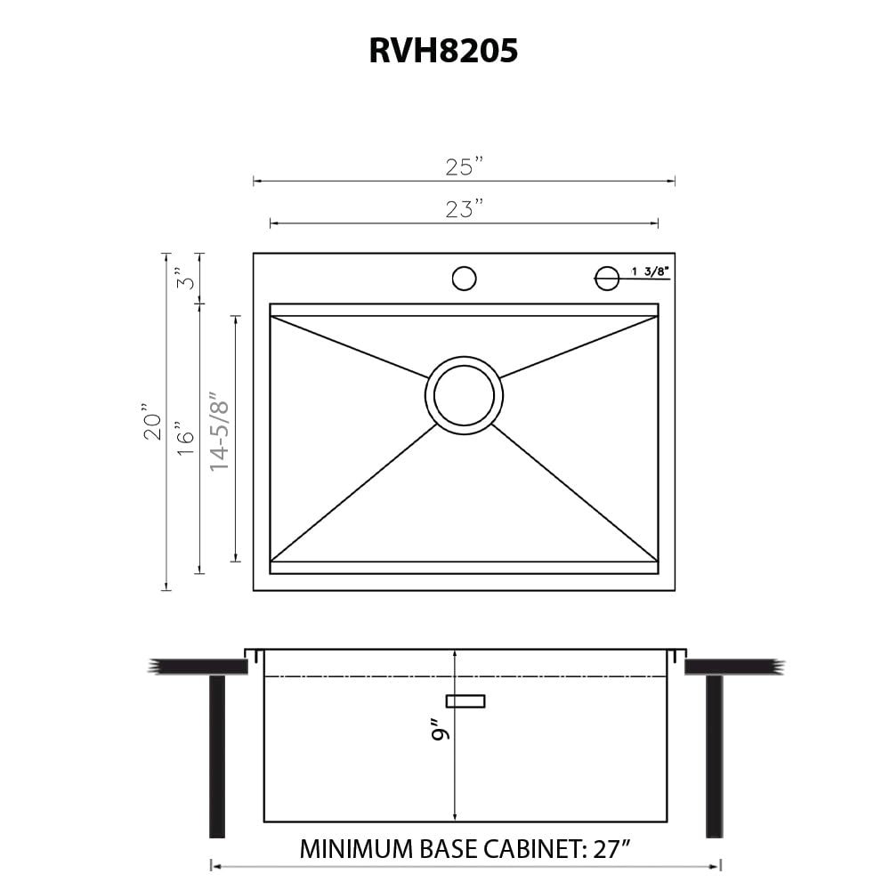 25 x 20 inch Workstation Drop-in Topmount Kitchen Sink 16 Gauge Stainless Steel. Picture 9