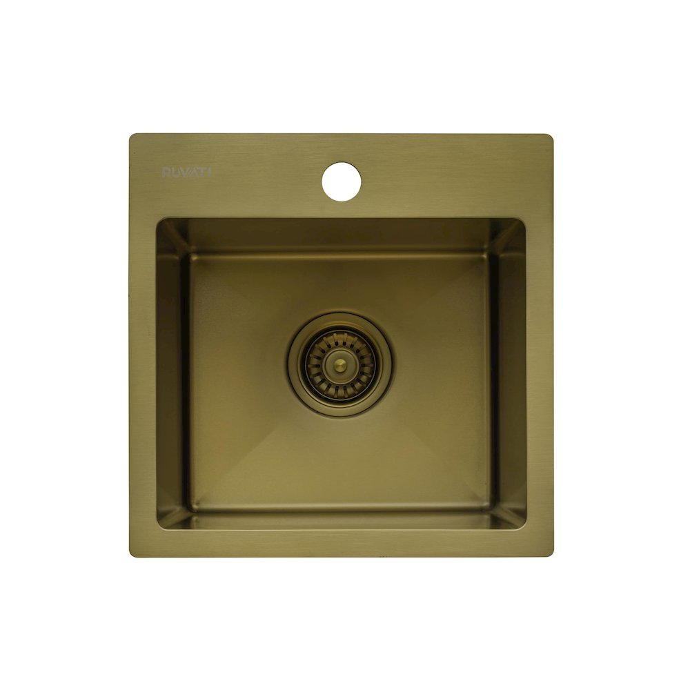 15 inch Polished Brass Matte Gold Stainless Steel Topmount Sink Single Bowl. Picture 2