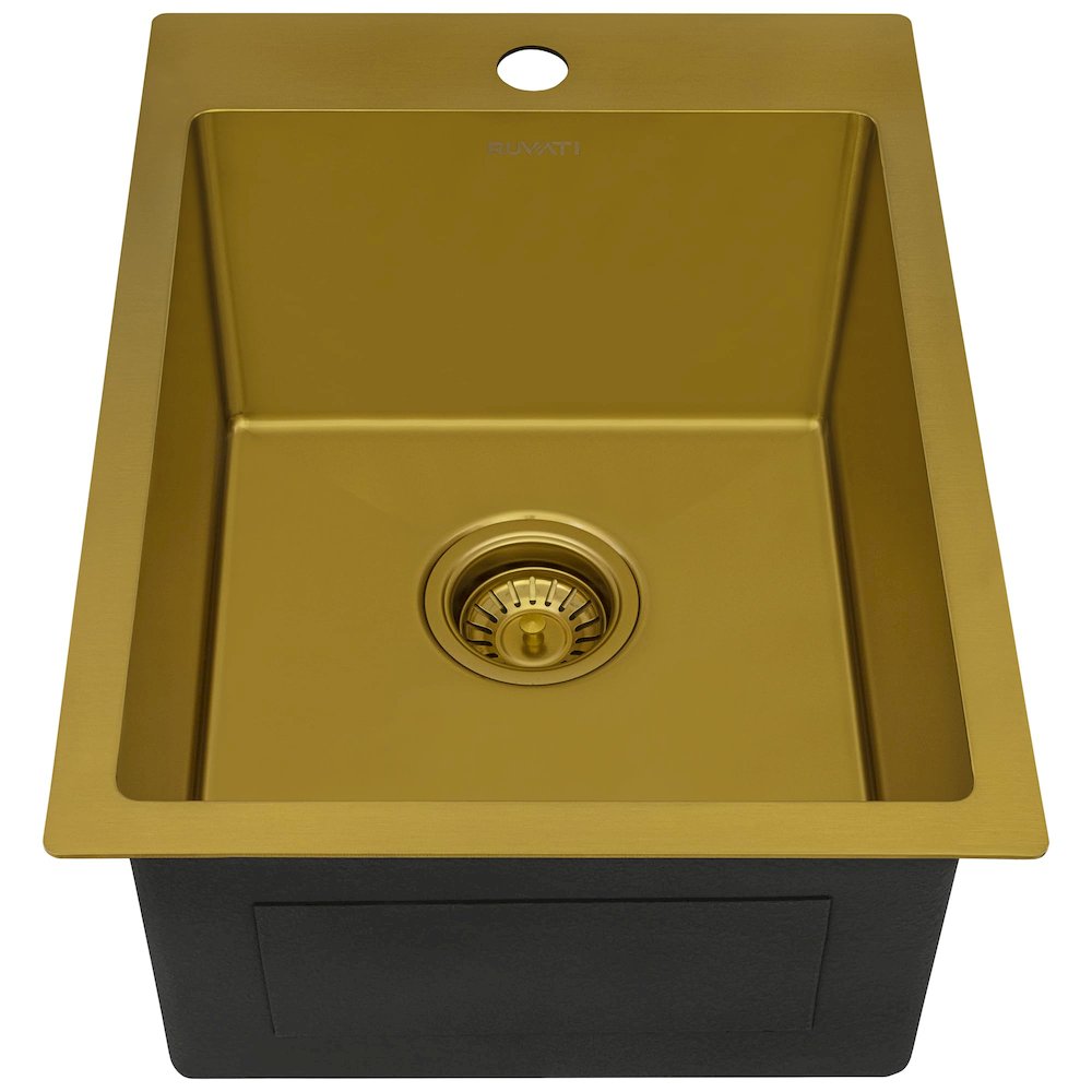 15 x 20 inch Polished Brass Matte Gold Stainless Steel Topmount Sink Single Bowl. Picture 2