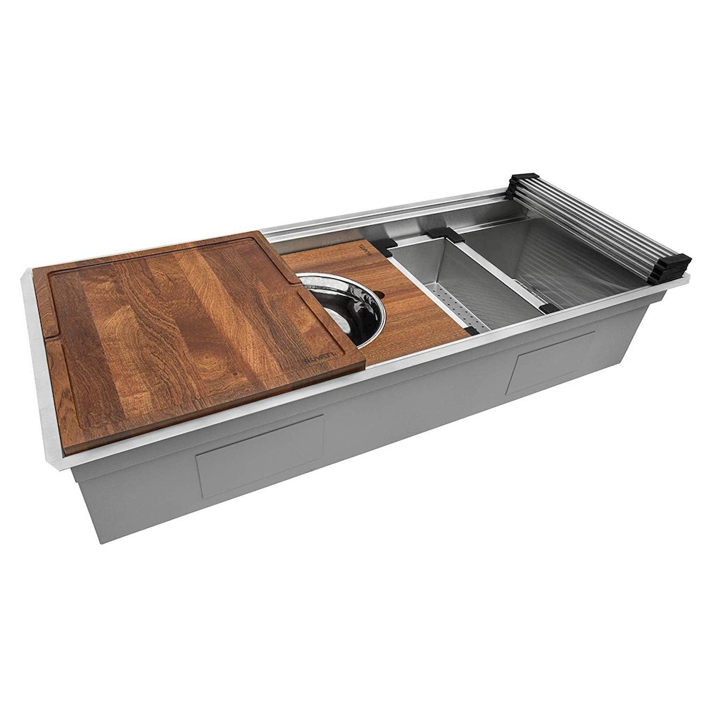 45-inch Workstation Two-Tiered Double Ledge Kitchen Sink 16 Stainless Steel. Picture 1